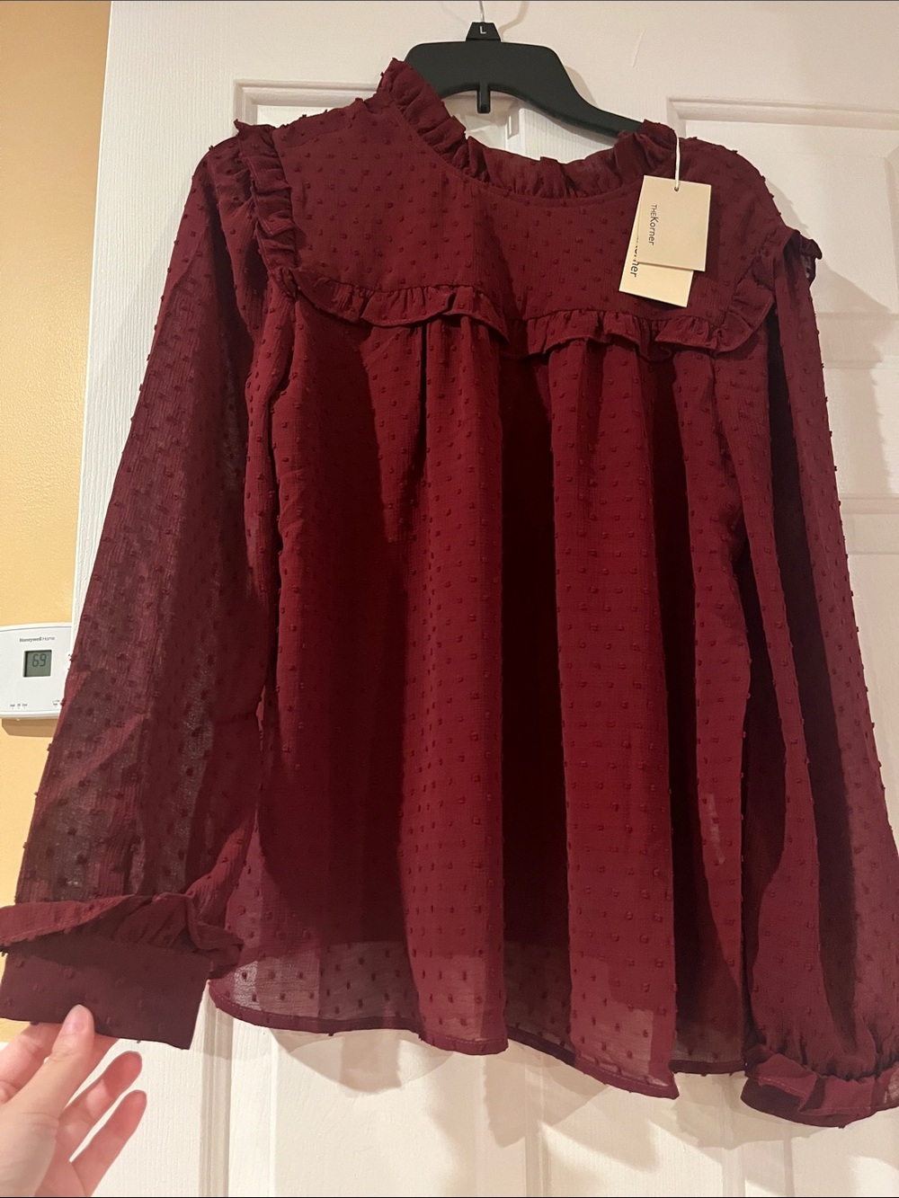 Swiss Dot Ruffle Yoke Blouse - Burgundy